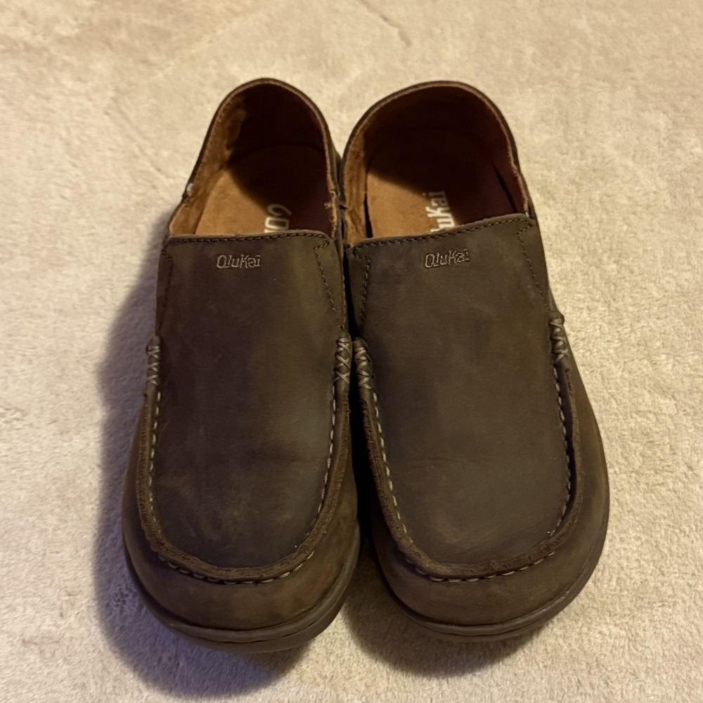 Olukai Moloa Boys Brown Premium Leather Easy Slip On Loafers Shoes Size B4 Kids